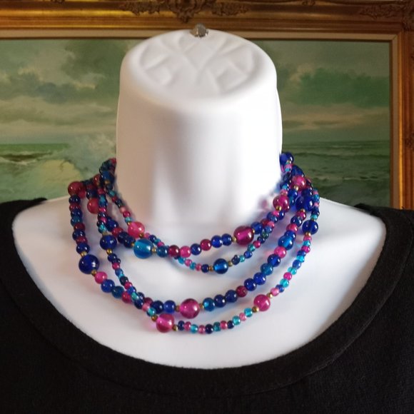 Double Strand Purple Royal Blue Teal Beaded 30" Necklace-Item #211 - Picture 3 of 3